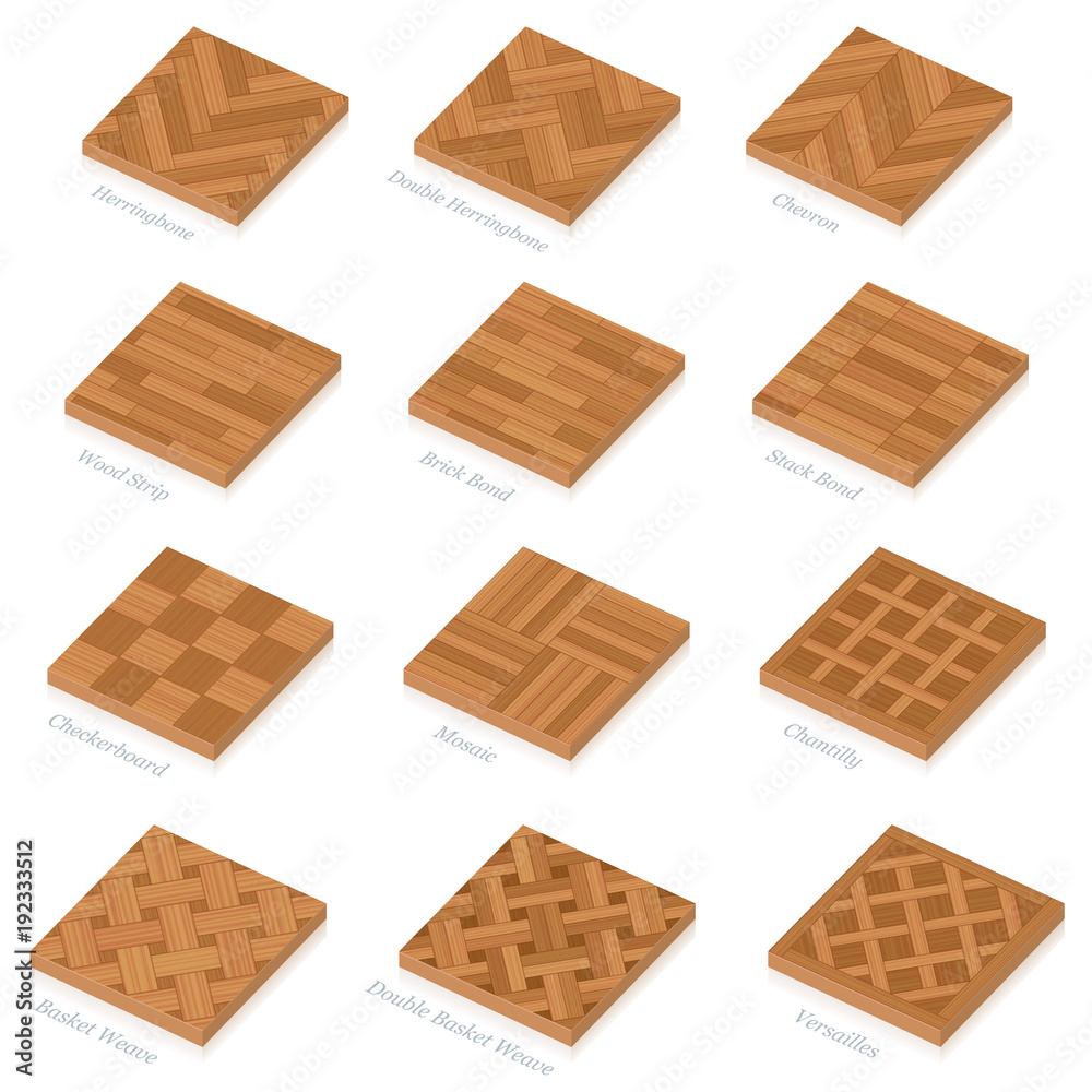 Parquetry Three Dimensional Parquet Floor PlatesParquetry. Three-dimensional wooden floor plates. Most popular wood flooring parquets with names - isolated 3D vector illustration on white background. - obrazy, fototapety, plakaty 