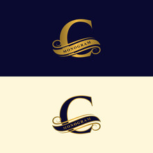 Gold Letter C. Calligraphic Beautiful Logo With Tape For Labels. Graceful Style. Vintage Drawn Emblem For Book Design, Brand Name, Business Card, Restaurant, Boutique, Hotel. Vector Illustration