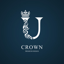 Elegant Letter U With Crown. Graceful Royal Style. Calligraphic Beautiful Logo. Vintage Drawn Emblem For Book Design, Brand Name, Business Card, Restaurant, Boutique, Hotel. Vector Illustration
