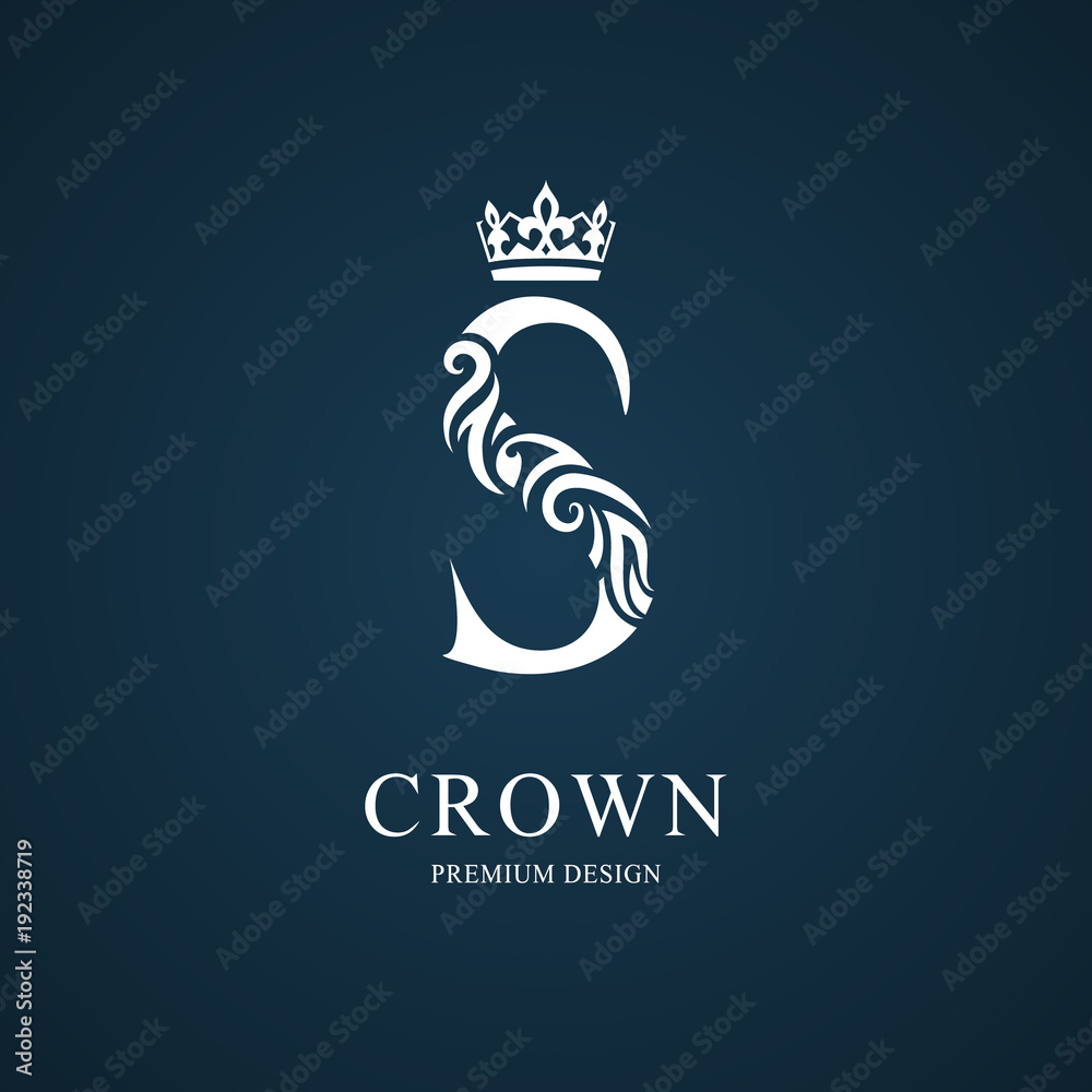 Elegant letter S with crown. Graceful royal style. Calligraphic ...