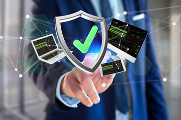 Poster - Shield symbol surrounded by devices and network displayed on a futuristic interface