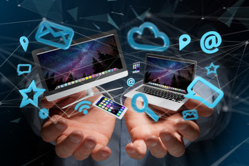 Poster - Devices like smartphone, tablet or computer flying over connection network and app- 3d render