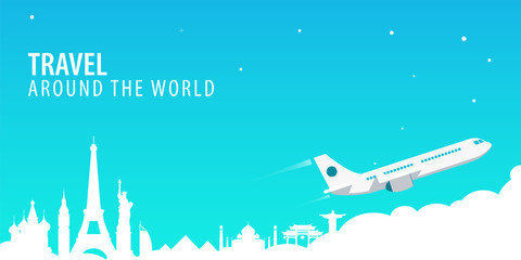 Travel banner with landmarks and airplane. Around the world. Tourism background. Vector illustration