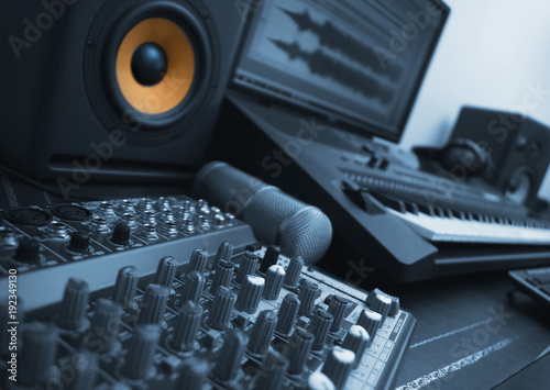 Mixer Condenser Microphone And Professional Monitor Concept Of Home Music Studio Blue Styled Mixer Condenser Microphone And Professional Monitor Concept Of Home Music Studio Blue Styled