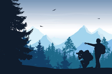 Wall Mural - vector illustration of mountain landscape with forest and two tourists with camera, under blue sky w