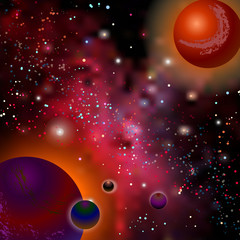 Wall Mural -  Realistic open space. The milky way, stars and planets. Cartoon fantasy space landscape. Alien planet background. Vector cosmic illustration.