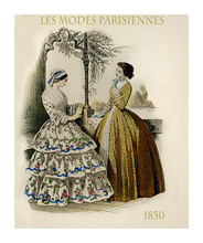 1850 Vintage Fashion, French Magazine Les Modes Parisiennes Presents Two Ladies Chatting Leisurely Outdoors With Fancy Cloths And Hairdressing