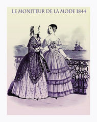 1844 vintage fashion, French magazine Le Moniteur de la Mode presents two ladies walking leisurely outdoor near the sea with fancy cloths