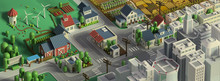 3d Rendering Of City Landscape. Low Poly Colorful Background. Isometric Cartoon City Scape. Different Districts: Simple Rural Cottages And Fields, Houses And Stores, Downtown With Skyscrapers..