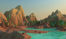 3d Low Poly Landscape Whith Mountains And Water At Foreground