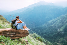 Tourist Woman Enjoy With Beautiful View On Mountains And Valley In Ella, Sri Lanka, Little Adam Peak