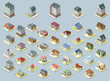 © pleskach - Vector isometric buildings set. Isolated on blue background.