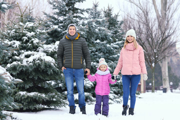 Canvas Print - Happy family walking in winter park