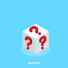 Red Question Marks On The Sides Of The White Cube, Isometric Image
