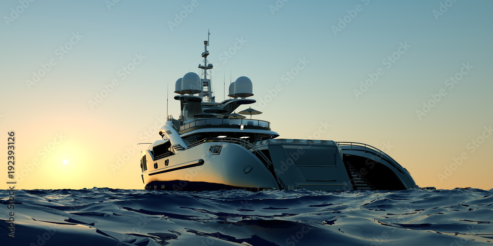Extremely detailed and realistic high resolution 3D illustration of a luxury super yacht with a helicopter, a swimming pool and a jacuzzi - obrazy, fototapety, plakaty 