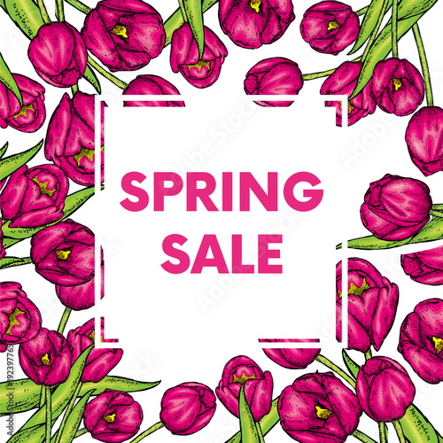 Hand Drawn Spring Floral Banner Colored Tulip Welcome Spring