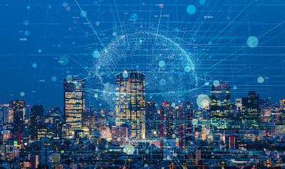 Poster - Modern cityscape and communication network concept.