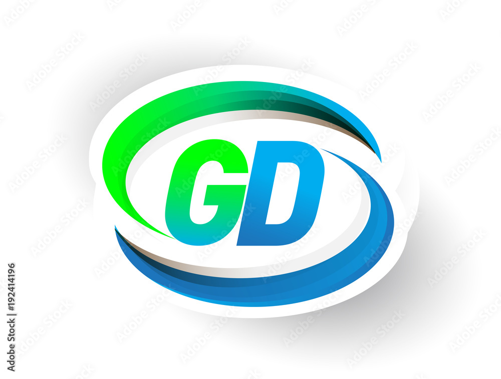 initial letter GD logotype company name colored blue and green swoosh ...