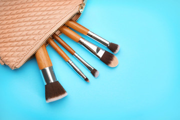 Wall Mural - Cosmetic bag with different brushes of professional makeup artist on color background