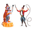 Circus animals tamer holding whip in one hand and tiger on a pedestal. Wild animals trainer with his tiger in flat style design isolated on white background. Vector illustration