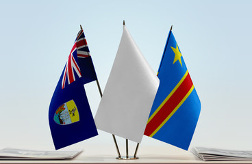 Flags of Saint Helena and Democratic Republic of the Congo (DRC, DROC, Congo-Kinshasa) with a white flag in the middle