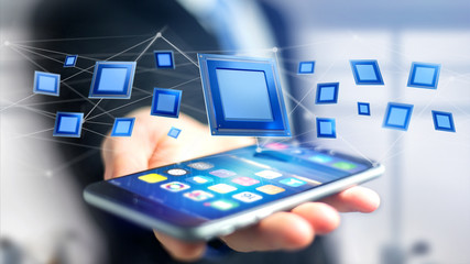 Poster - Businessman using a smartphone with a Processor chip and network connection - 3d render
