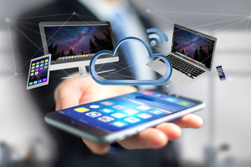 Poster - Devices like smartphone, tablet or computer flying over connected cloud - 3d render