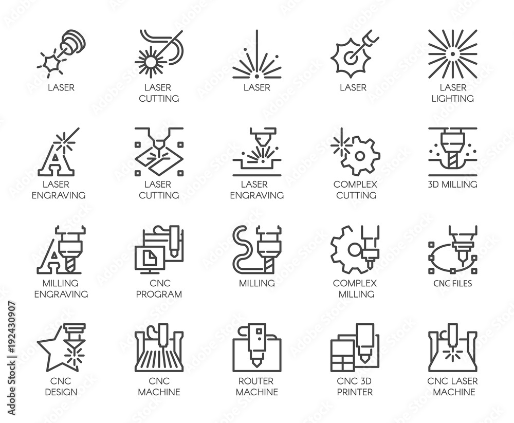 Set of 20 line icons in series of laser cutting. Computer numerical controlled printer, 3D milling machine and other thematic symbols. Stroke mono contour pictograms isolated. Vector outline labels - obrazy, fototapety, plakaty 