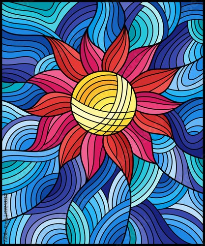 Dekoracja na wymiar  ilustracja-w-stylu-witrazu-z-jasnym-rozowym-abstrakcyjnym-kwiatem-na-niebieskim-falistym-tle