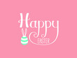Hand written Happy Easter lettering with cute cartoon egg with rabbit ears. Isolated objects on pink. Vector illustration. Festive design elements. Concept for greeting card, invitation.