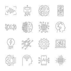 Sticker - Future technologies icons. AI, quantum computing, robot, IoT, smart CPU and other. Editable Stroke.