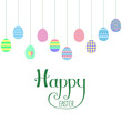Seamless horizontal border with flat style hanging cartoon eggs, Happy Easter lettering. Isolated objects on white. Vector illustration. Festive design elements. Concept for greeting card, invitation.