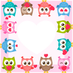 Fototapete - frame with cute owls and hearts