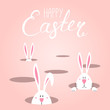 Hand drawn vector illustration with cute cartoon bunnies looking from holes, Happy Easter text. Isolated objects. Vector illustration. Festive design elements. Concept for greeting card, invitation.