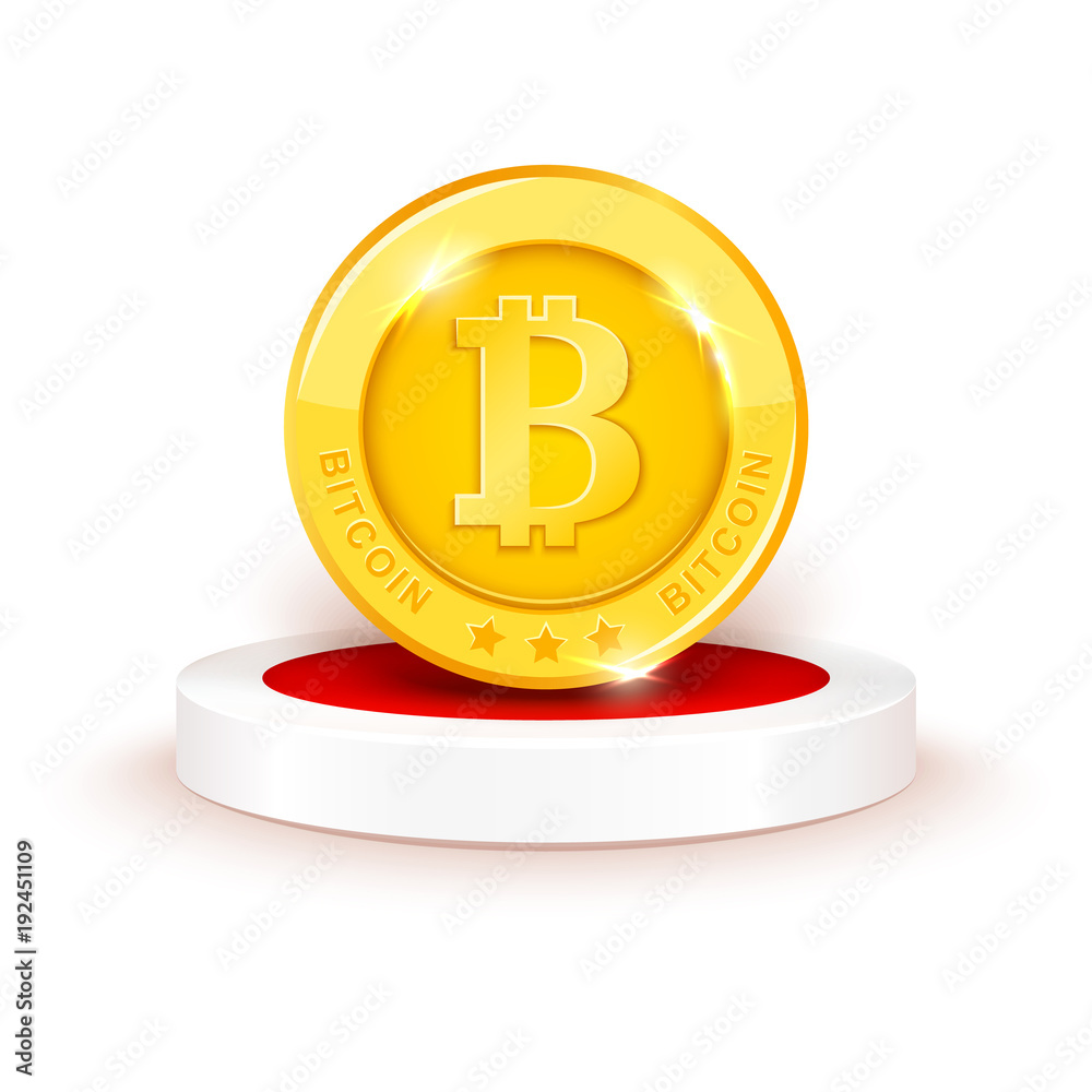 Vektor Vector 3d realistic golden bitcoin on round podium with red carpet,  popular cryptocurrency number one in the world isolated on background.  Internet technology, business success concept illustration ve službě Stock |