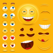 Cartoon Yellow 3d Smiley Face Vector Character Creation Constructor. Emoji With Emotions, Eyes And Mouthes Set.