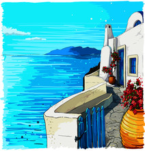 Greece Summer Island Landscape. Santorini Hand Drawn Square Vector Background. Picturesque Sketch. Ideal For Card, Invitation, Banners, Posters.