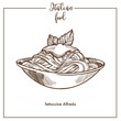 Fettuccine Alfredo pasta sketch vector icon for Italian cuisine food menu design