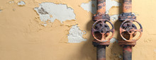Old Industrial Pipelines And Valves On Weathered Wall Background, Banner, Copy Space. 3d Illustration