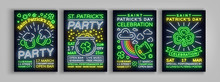 St. Patricks Day Is A Collection Of Posters. Set Design Template Typography Styles In Neon, Neon Sign, Bright Flyer, Banner, Invitation To A Party, Festival, Celebration. Vector Illustration