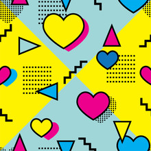 Seamless Memphis Style Pattern With Hearts And Colorful Geometrical Shapes On Yellow And Blue Background
