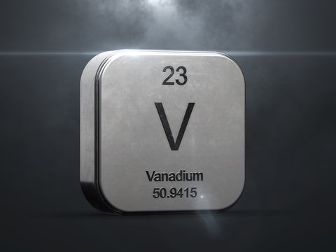 Vanadium element from the periodic table. Metallic icon 3D rendered with nice lens flare