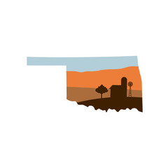oklahoma state shape with farm at sunset w windmill, barn, and a tree