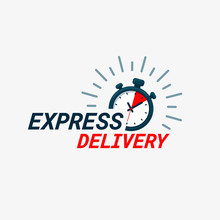 Express Delivery Icon. Timer And Express Delivery Inscription On Light Background. Fast Delivery, Express And Urgent Shipping, Services, Chronometer Sign.