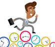 Vector illustration of a hurrying asian cartoon businessman running on clocks isolated on white background