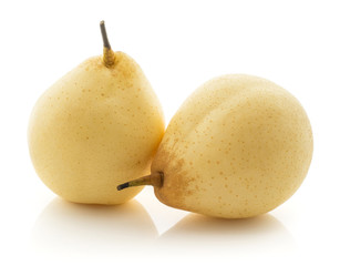 Two Nashi pears (Russet pear) isolated on white background yellow.