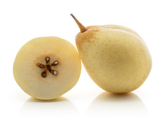 One Nashi pear with a half (Russet pear) isolated on white background yellow textured flesh with seeds.