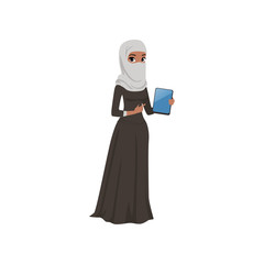 Sticker - Arabic businesswoman character standing with electronic tablet, elegant muslim woman in traditional dress vector Illustration on a white background