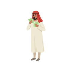 Sticker - Arabic businessman character holding fans of dollar cash showing money, muslim man in traditional clothing vector Illustration on a white background