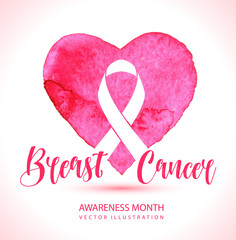 Wall Mural - Breast Cancer Awareness Month Vector Ribbon imitation of watercolor background